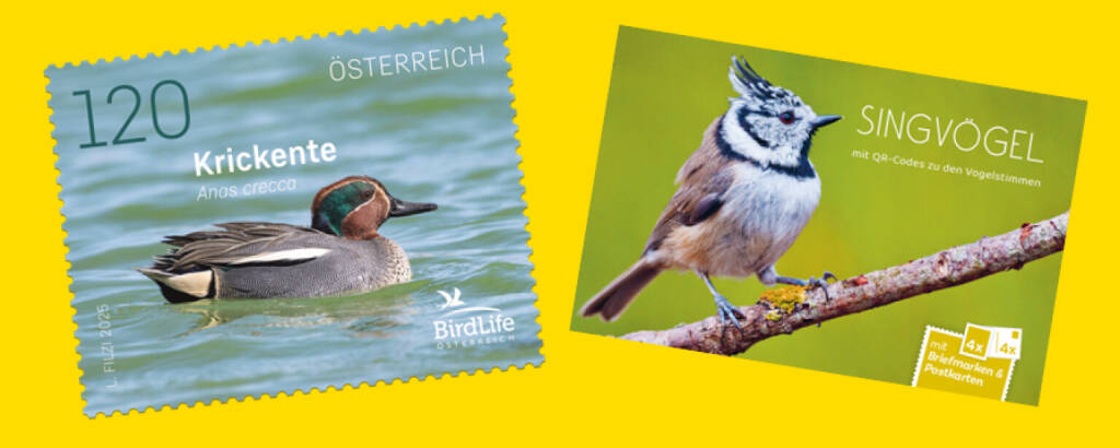 Pünktlich zum Frühlingsbeginn bringt die Österreichische Post AG in Kooperation mit BirdLife Österreich das neue Briefmarken- und Postkartenheft „Singvögel“ heraus. Neben den Briefmarken von Grünling, Eichelhäher, Zaunkönig und Haubenmeise sind QR-Codes abgebildet, die direkt zum Gezwitscher der Singvögel führen. Neben den vier Briefmarken zu je 95 Cent enthält das Heft auch vier Postkarten. Foto: Post, © Aussender (10.03.2025) 