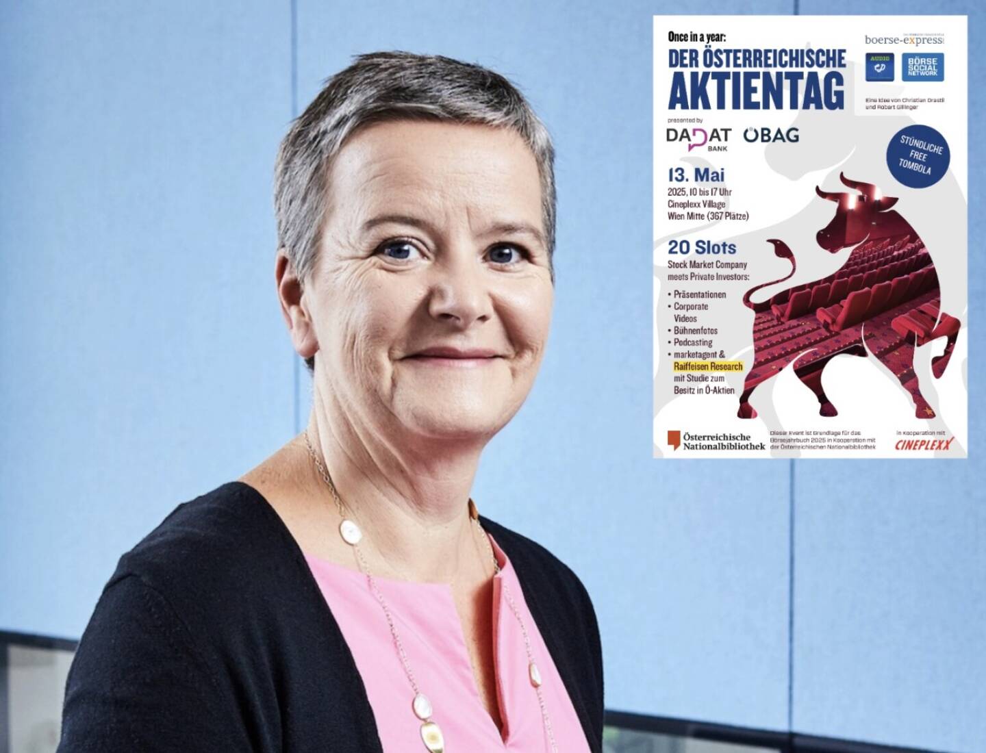 #aktientag135 Wie angekündigt outen wir nun täglich Details zum Österreichischen Aktientag am 13. Mai. Wir sind stolz, dass Angelika Sommer-Hemetsberger, Vorstandsmitglied der Oesterreichische Kontrollbank AG, Stv. Aufsichtsratsvorsitzende der Wiener Boerse und Präsidentin des #Aktienforum, zu Beginn dieses Events unser Publikum begrüssen wird. Angelika: „Ich freu mich schon sehr darauf, am 13. Mai den ersten Österreichischen Aktientag zu eröffnen. Denn ein starker heimischer Kapitalmarkt kann gerade auch im Hinblick auf die Wettbewerbsfähigkeit unseres Standorts und die Absicherung unseres Pensions- und Sozialsystems einen überaus wichtigen Beitrag leisten. Und wie die Ergebnisse des diesjährigen Aktienbarometers zeigen, kommen Wertpapiere auch immer mehr in der Mitte der Gesellschaft an - bereits 30 % der österreichischen Bevölkerung besitzen mittlerweile Aktien, Anleihen oder Investmentfonds.“ 