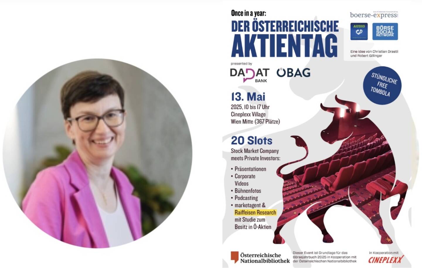 #aktientag135 Wie angekündigt outen wir nun täglich Details zum Österreichischen Aktientag am 13. Mai. 
Eines der präsentierenden Unternehmen wird die VIG, vertreten durch IR-Chefin Nina Higatzberger-Schwarz, sein: Österreichische Aktien auf der großen Leinwand - da darf die Vienna Insurance Group als größte Versicherungsgruppe in Zentral- und Osteuropa nicht fehlen. Seit unserer Notierung an der Wiener Börse 1994 haben wir Jahr für Jahr Dividenden ausgeschüttet. Beim Österreichischen Aktientag freue ich mich darauf, Strategie und Erfolgskonzept der VIG zu präsentieren, mit denen wir auch zukünftig auf Wachstum, Profitabilität und Dividendenkontinuität setzen. Wir sehen uns am 13. Mai im Kino.