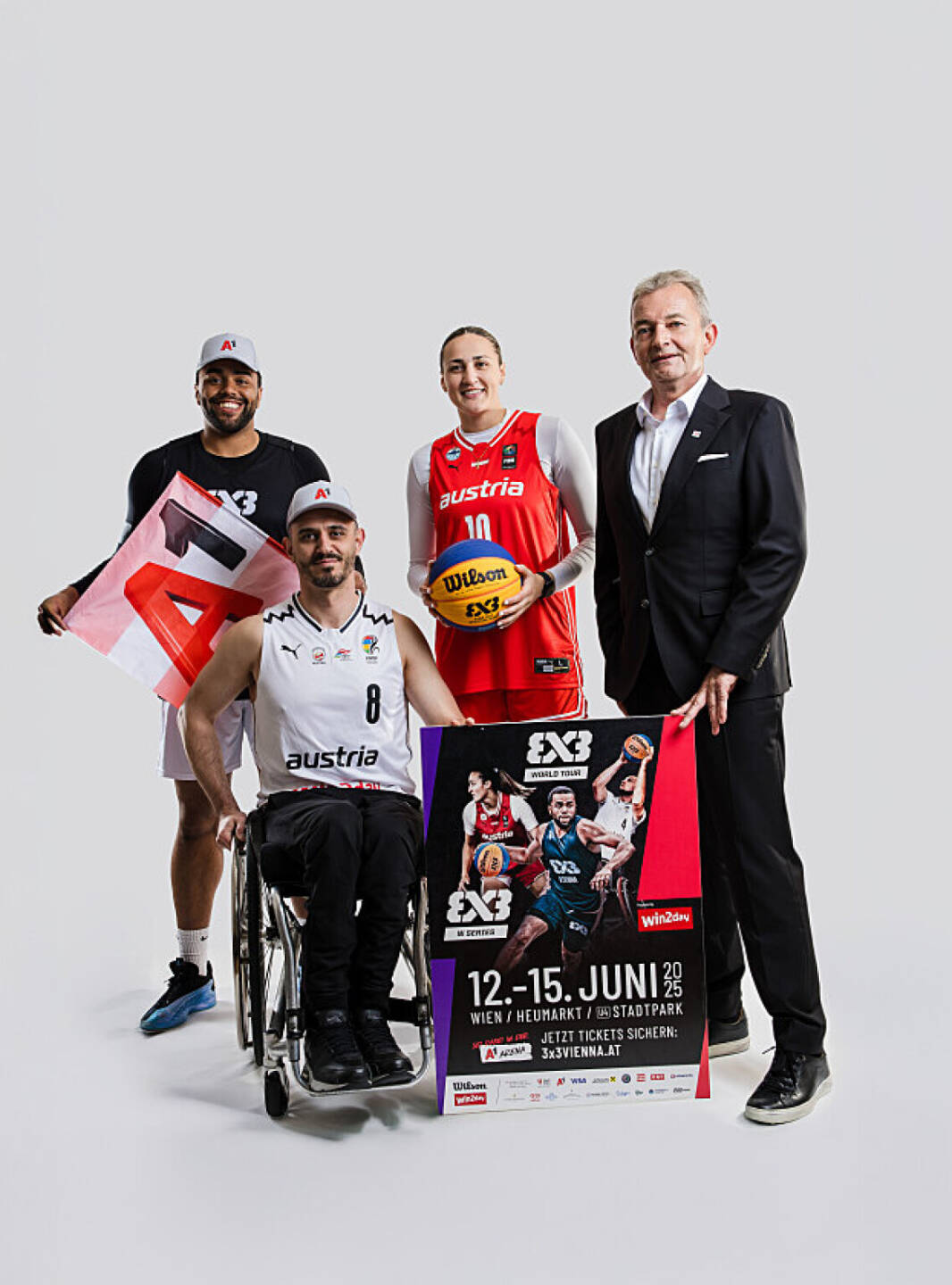 A1 ist Premium Plus Partner des 3x3 Vienna 2025 am Wiener Heumarkt; Von li nach re: Nico Kaltenbrunner, Mehmet Hayirli, Alexia Allesch und Marcus Grausam. Foto: A1