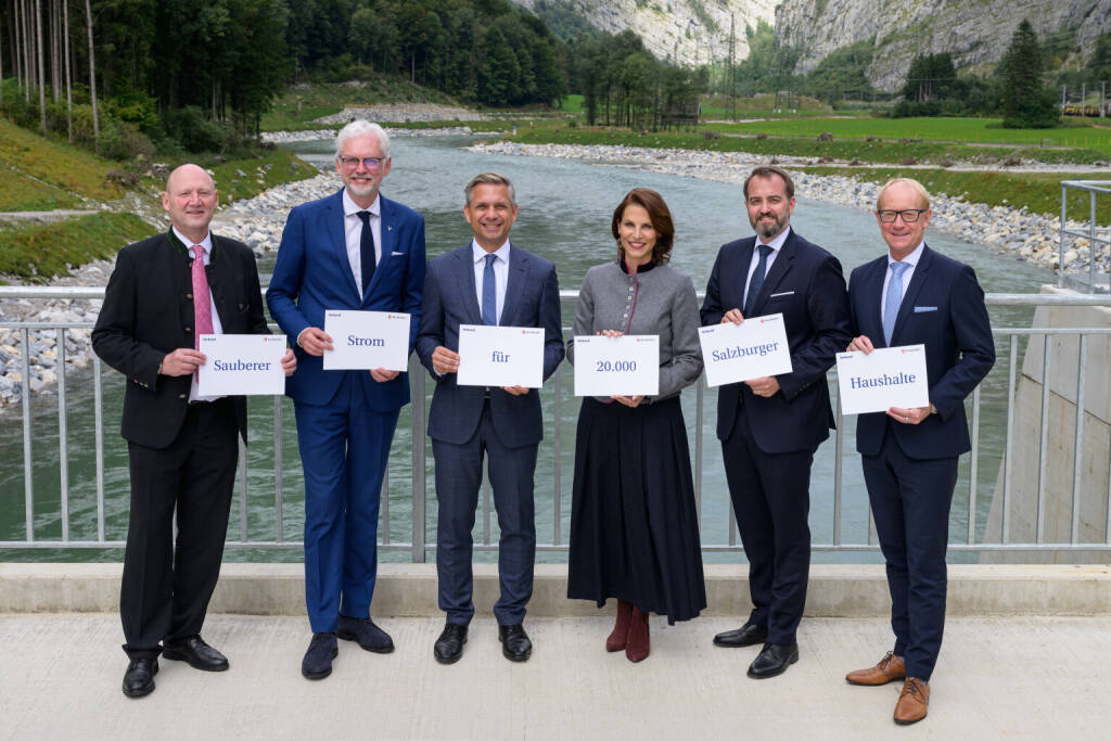 Salzachkraftwerk Stegenwald feierlich eröffnet: v.l.n.r COO VERBUND Achim Kaspar, CEO VERBUND Michael Strugl, Bundesminister Wolfgang Hattmannsdorfer, Landeshauptfrau Karoline Edtstadler, CEO Salzburg AG Michael Baminger, VD Salzburg AG Herwig Struber ©VERBUND/Wiedl (26.09.2025) 