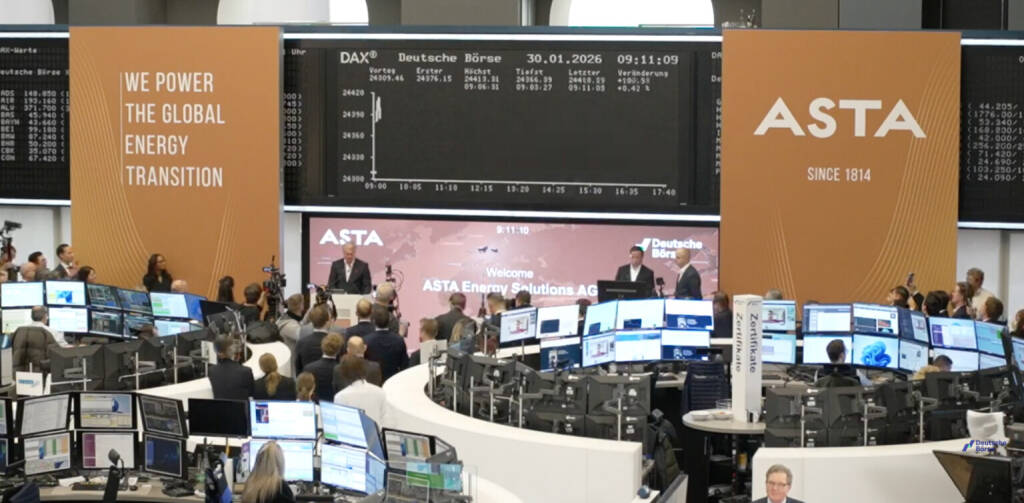 ASTA Energy IPO in Frankfurt am 30.1.2026, Foto: Livestream-Screenshot von der IPO-Ceremony in der Deutschen Börse, &copy; Aussender (30.01.2026) 