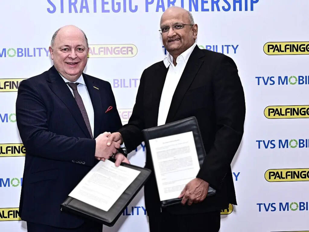 PALFINGER und die TVS Mobility Group haben eine Grundsatzvereinbarung (Memorandum of Understanding) unterzeichnet, um die Zusammenarbeit in Indien langfristig auszubauen. Im Bild: Andreas Klauser, CEO PALFINGER, R. Dinesh, Director der TVS Mobility Group, Fotoquelle: Palfinger, &copy; Aussendung (03.03.2026) 