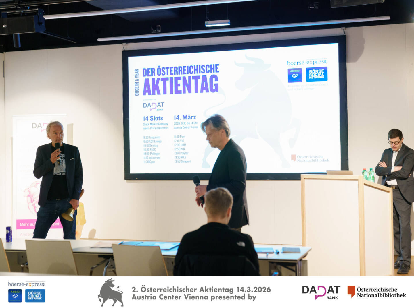 Begr&uuml;&szlig;ung durch Christian Drastil (B&ouml;rse Social) und Robert Gillinger (B&ouml;rse Express), Bild: Martina Draper f&uuml;r kapitalmarkt-stimme.at 