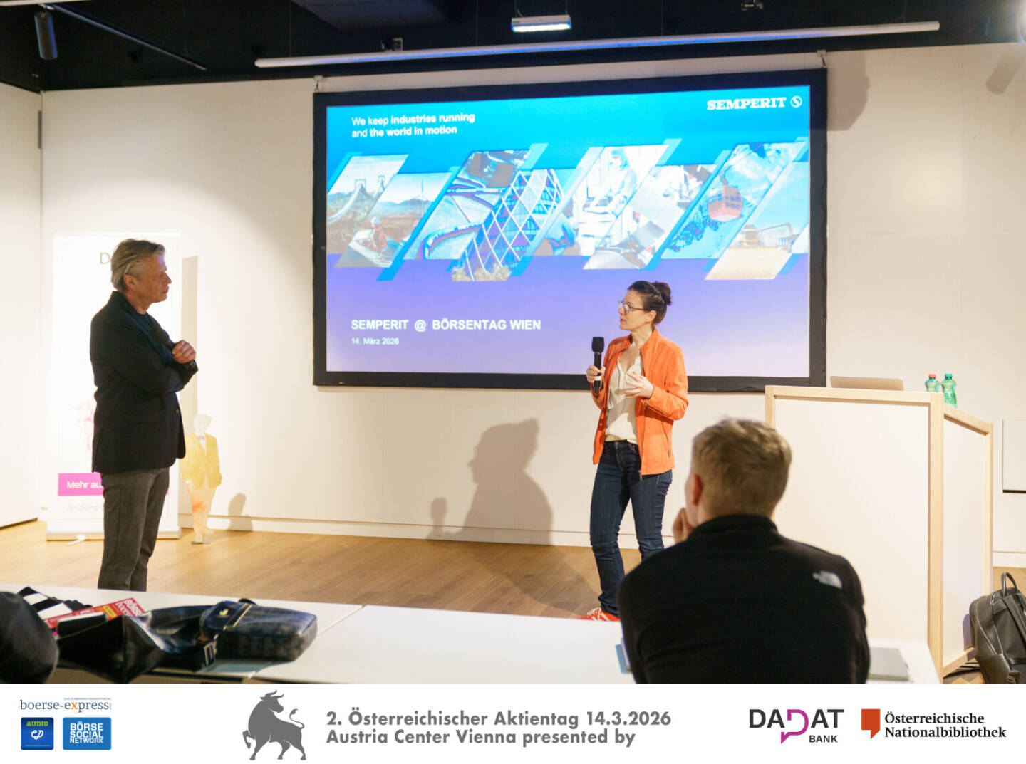 Robert Gillinger (B&ouml;rse Express), Bettina Schragl (Semperit), Bild: Martina Draper f&uuml;r kapitalmarkt-stimme.at 