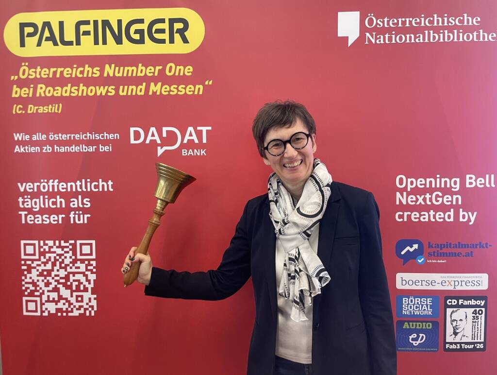 Nina Higatzberger-Schwarz läutet die Opening Bell für Dienstag. Die IR-Verantwortliche kann für das bisherige 2026 im Vergleich zu 2025 von fast verdoppelten täglichen Handelsvolumina in VIG-Aktien berichten (07.04.2026) 