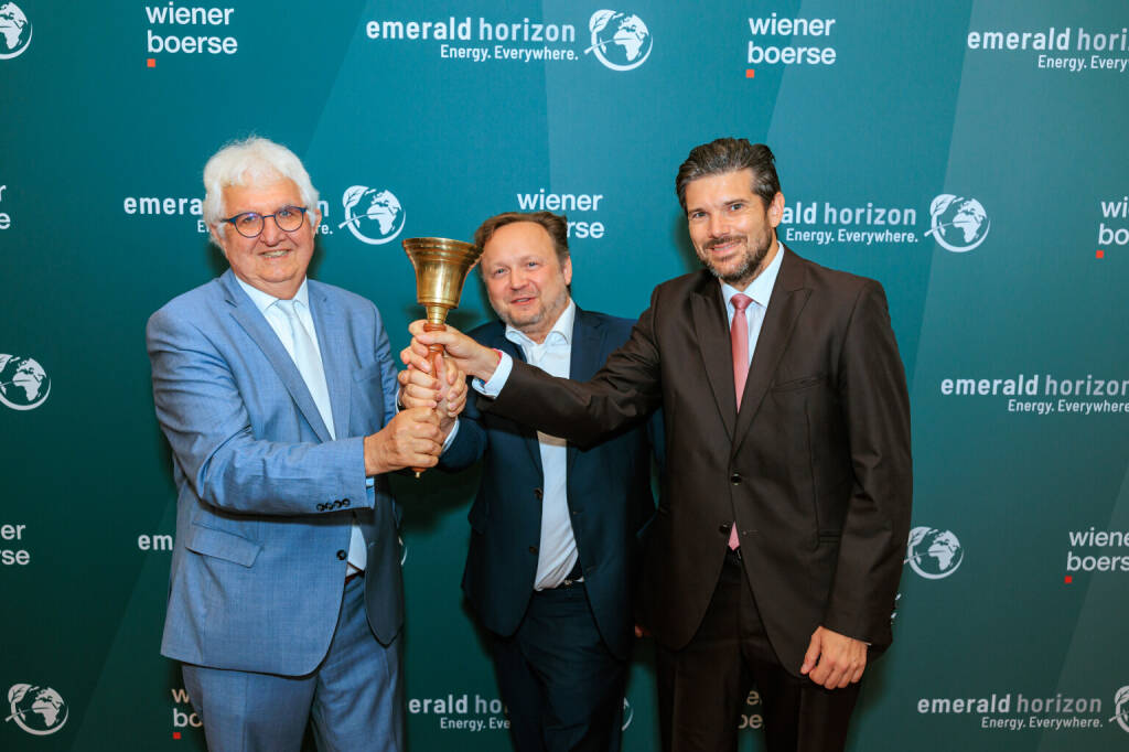 Emerald Horizon AG geht an die Wiener Börse: Robert Holzmann, Vice President International Relations Emerald Horizon AG, Florian Wagner, CEO, und Philipp Pölzl, Vice President Operations, (v.l.) © Wiener Börse/Alexander Felten (26.06.2026) 