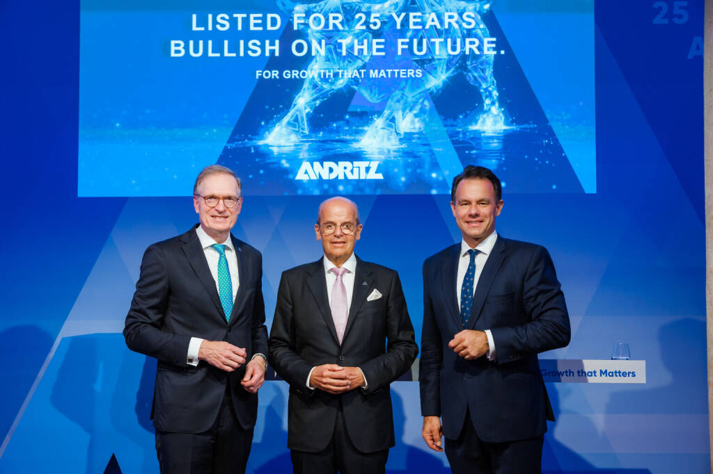 Andritz feiert 25 Jahre an der Börse: Joachim Schönbeck, CEO ANDRITZ, Wolfgang Leitner, Chairman of the ANDRITZ Supervisory Board, Christoph Boschan, CEO Wiener Börse: Foto: Andritz/Felten, &copy; Aussender (02.07.2026) 
